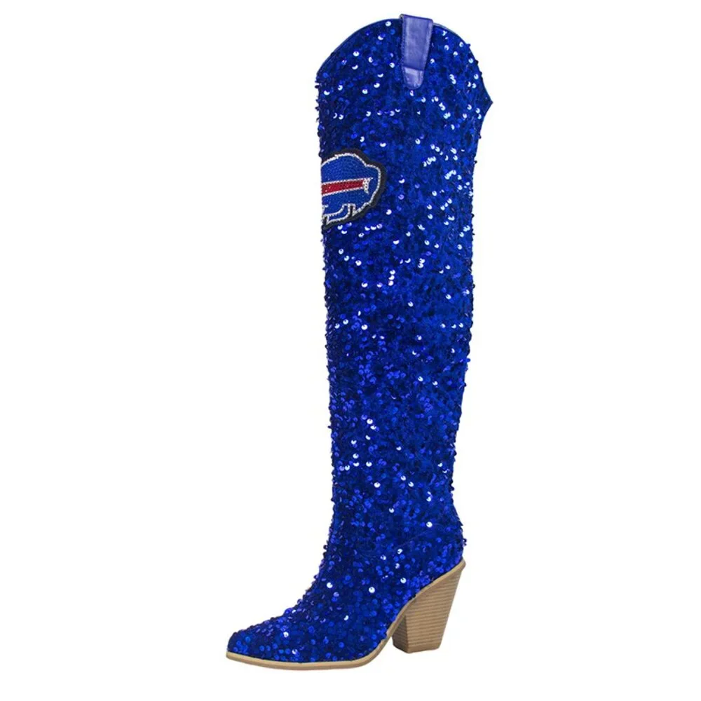 NFL Licensed Team Colored Sequin Over the Knee Boot-Buffalo Bills - Picture 2 of 3